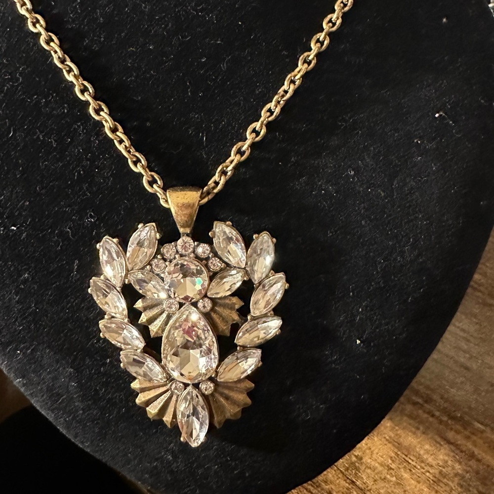 J Crew vintage gold tone and clear rhinestone with long chain necklace